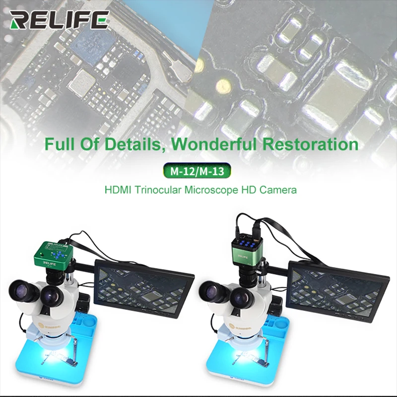 RELIFE M-12/M-13 3800W HDMI Trinocular Microscope HD Camera For Phone CPU PCB Observe Soldering Repair High Speed Image