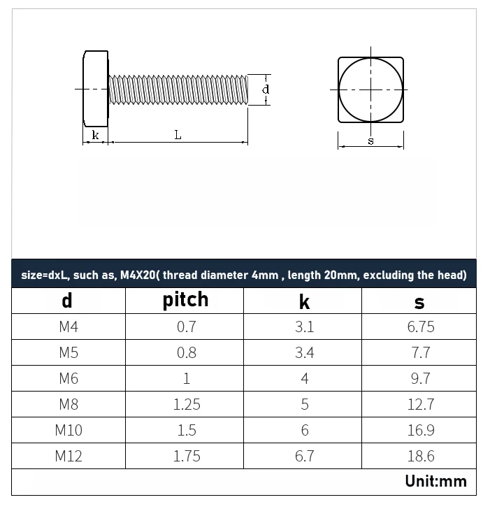 M4 M5 M6 M8 M10 M12 Square Head Bolt 304 A2 -70 Stainless Steel Full Thread Square Head Bolt GB35 Length 8mm~100mm