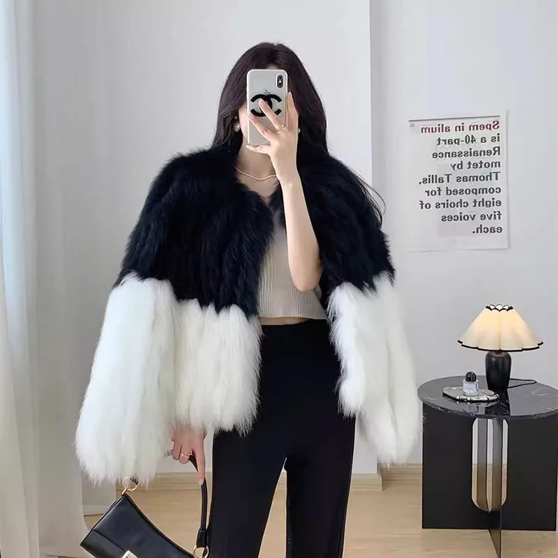 Autumn And Winter New Fashion Fur Coat Female Imitation Fox Fur Stripes Contrast Joker Loose Casual Top Maillard Female Tide.