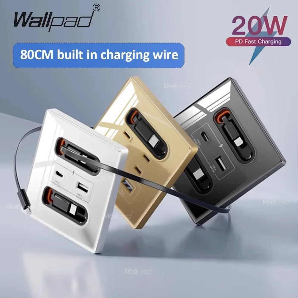 EU Standard Fast Charge 20W USB A+C Ports Wall Socket with Retractable 80cm Type C Charging Wire White Grey Glass Panel 86x86mm