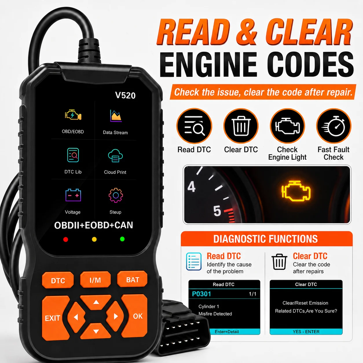 V520 OBD2 Scanner Car Engine Diagnostic Tool Fault Code Reader DTC Clear Live Data Stream 8 Languages OBDII USB Powered Tester