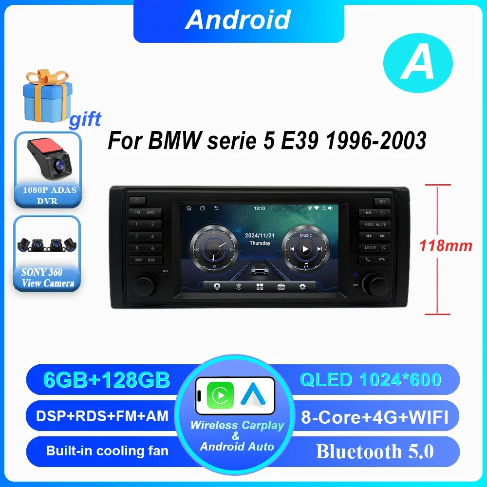 7 Inch Draadloze CarPlay Android Auto Radio Voor BMW 5 Serie E39 X5 E53 M5 1996-2003 Auto multimedia GPS 2din DVD Autoradio 4G DSP