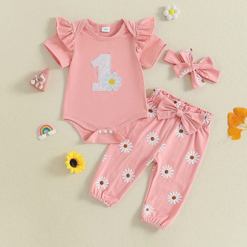 

Baby Girls Birthday Outfit Short Sleeve Embroidery Number Romper with Floral Pants and Headband