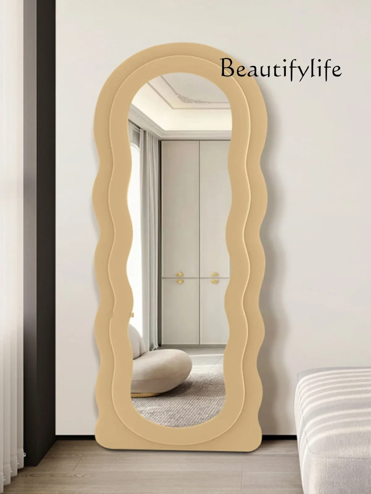 Wave Full-Length  Floor Mirror Cream Style Dressing Mirror Home Bedroom Retro Shaped Mirror