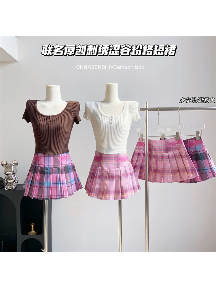 

Summer Women Japanese Fashion Pink Mini Plaid Pleated Skirt Cute Core Preppy Grunge Cyber Punk 2000s Aesthetic Gyaru E-girl Y2k