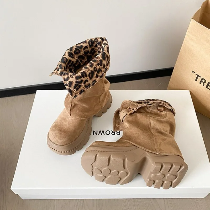 New Women's Mid Calf Boots Fashion Round Head Platform Boots for Women Retro Motorcycle Boots Luxury Designer Shoes Botas Mujer
