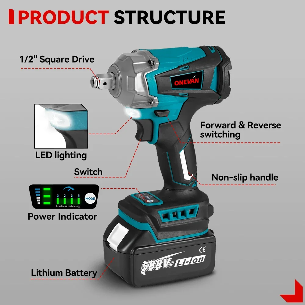 Brushless 1200N.M Electric Impact Wrench 1/2 inch Lithium-Ion Battery Cordless Screwdriver Power Tool For Makita 18V Battery