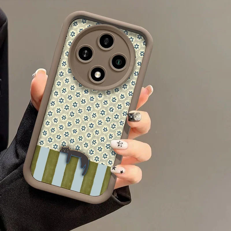 Artistic Cute Black Cat Striped Pattern Phone Case for Huawei Honor 400 200 Lite 100 Magic 8 7 6 5 PRO X9 X8 Flowers Soft Cover view 5