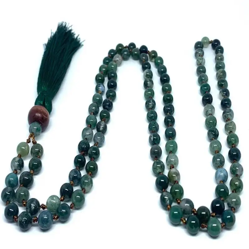

Natural Moss Agate 108 Mala Beads Necklace with Green Tassel Growth & Abundance Healing Crystal Jewelry