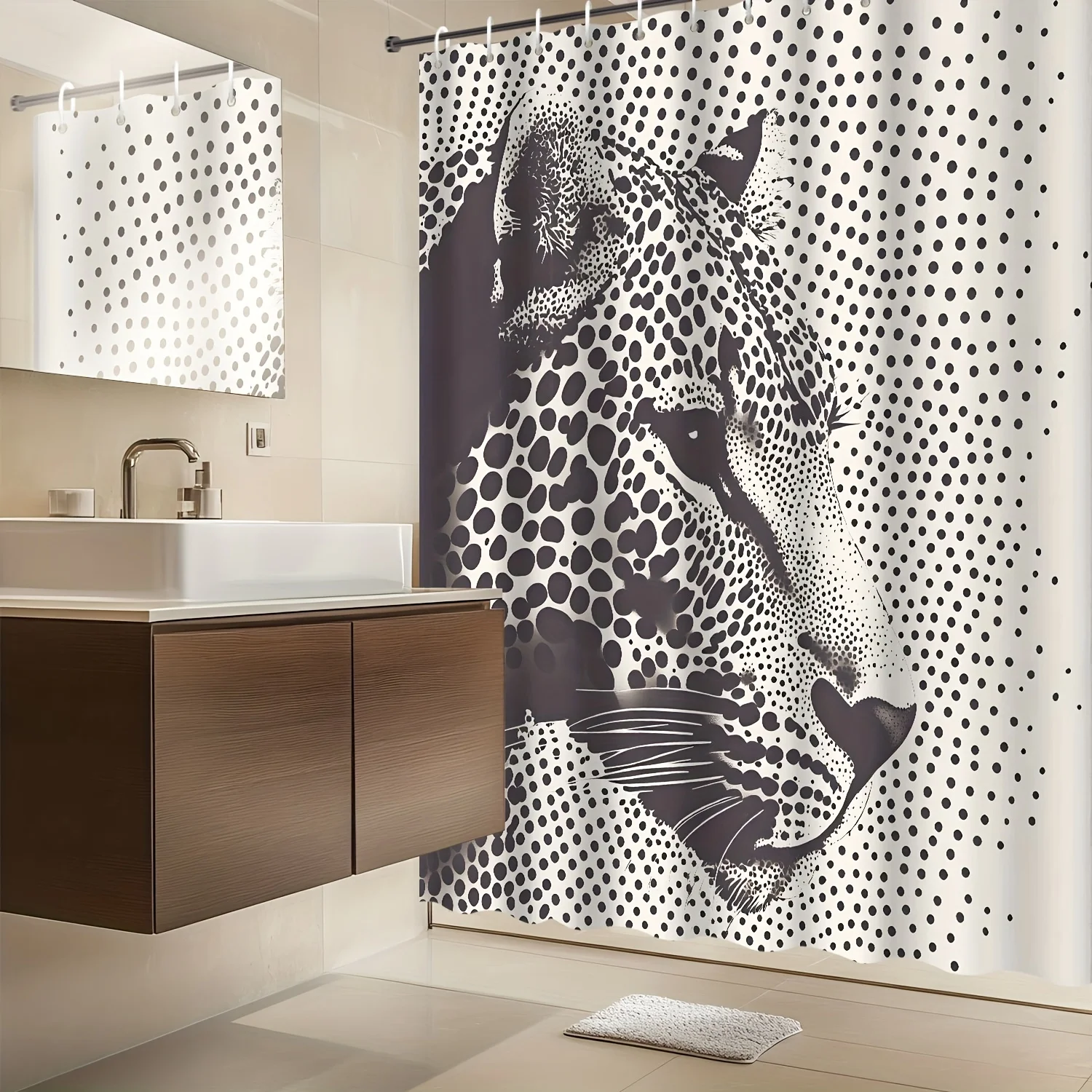 

1pc Creative Retro Black and White Polka Dot Leopard Head Print Shower Curtain, Polyester Fabric with 12 Hooks, Shower Curtain