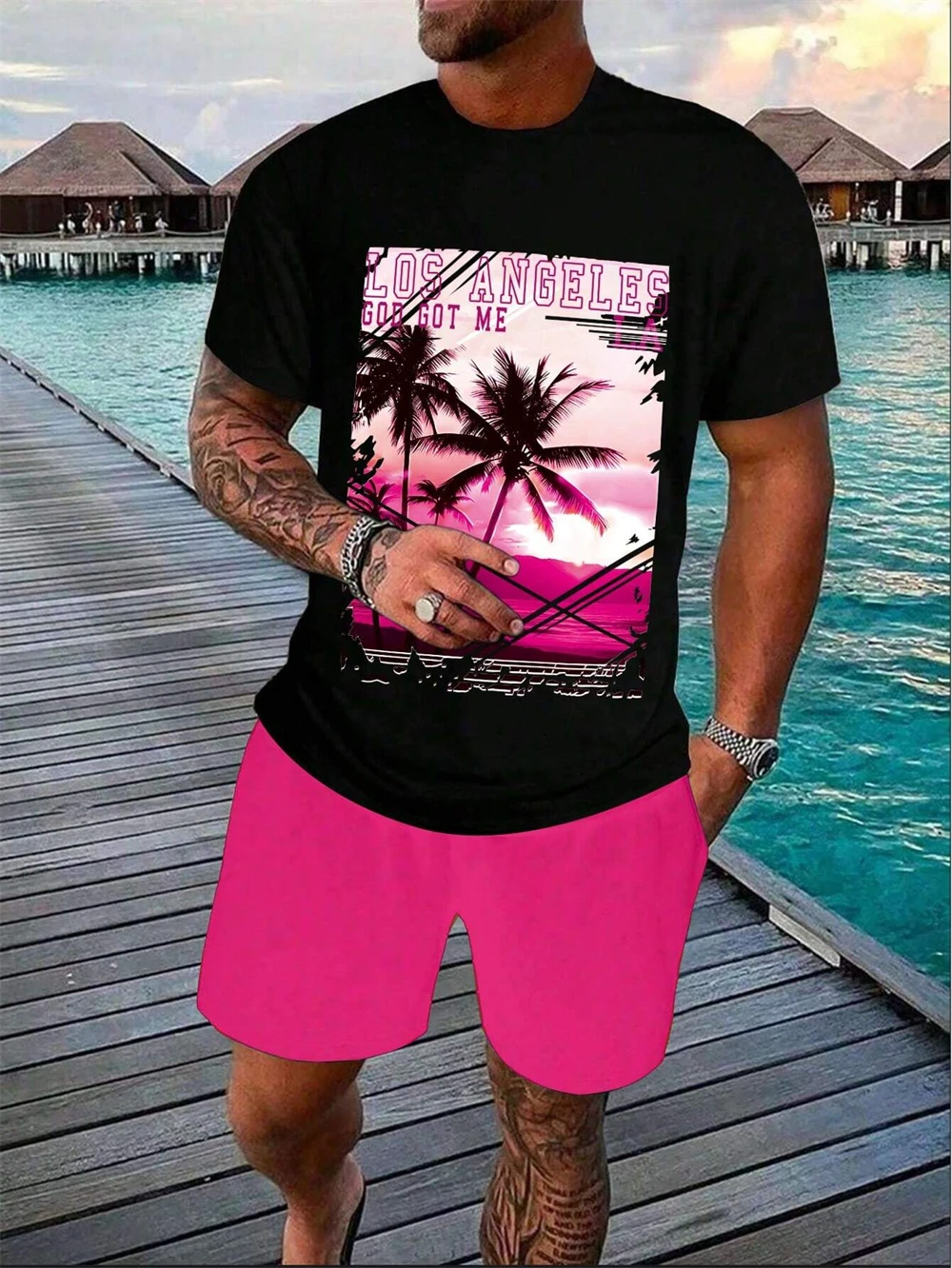 Men's Summer Two-piece Vacation Style Pink Coconut Tree T-shirt Casual Short-sleeved Drawstring Shorts Men's Summer Wear