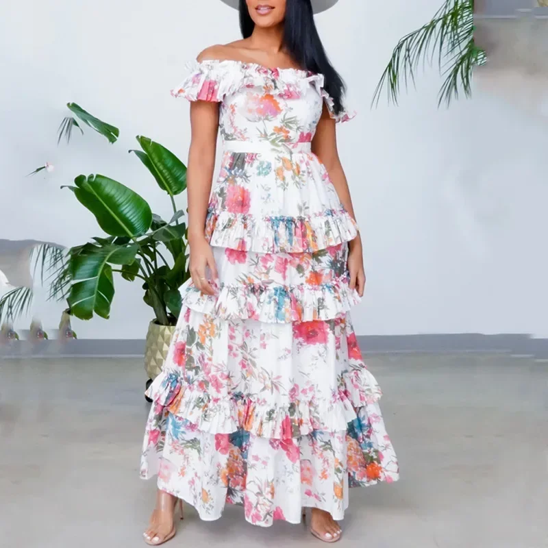 Women Dress Sleeveless Printed Slash Collar Ruffled Fashion Vacation Style Long Dress Off Shoulder Bohe Maxi Beach Dress