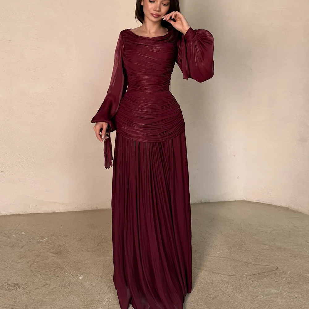 

Custom Made O-neck Crape Pleated Tiered Lace up Back Saudi Arab Gown Long Puff Sleeve Sheath Sexy Floor Length Evening Dress