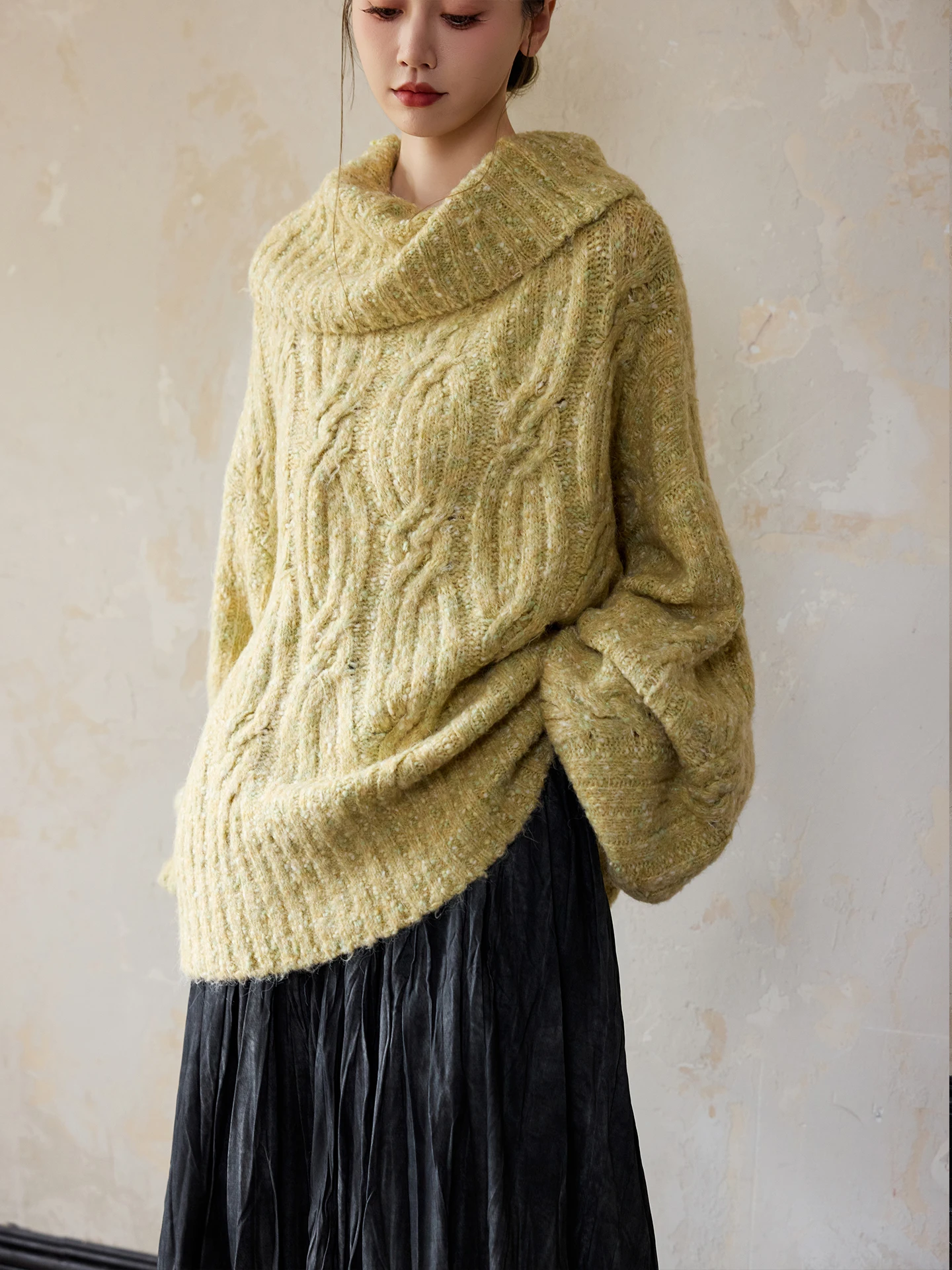 

ONMOON Autumn Winter One-oulder Overhead Wool Blend Lazy Loose Lantern Sve Sweater Flower Se Twist Knitwear