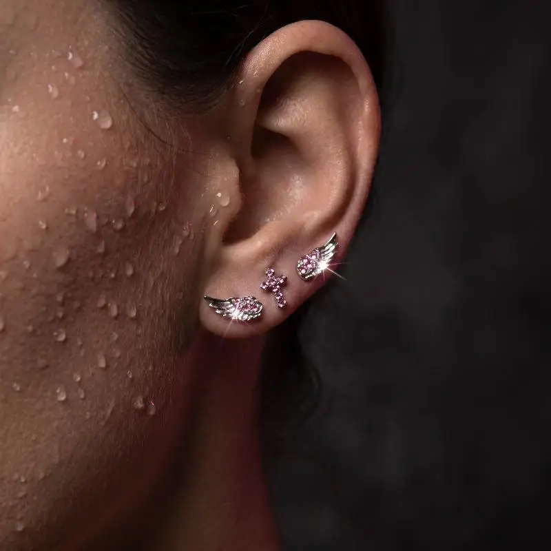 3/4Pcs Vintage Punk Pink Zircon Wing Cross Star Earrings Set Minimalist Ear Piercing Ear Cartilage Piercing Jewelry Accessories