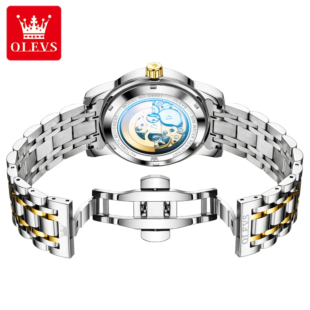 OLEVS 9901 أفضل رجل ساعة موضة الماس الهاتفي مجوفة بالكامل 30 متر مقاوم للماء مضيئة التلقائي ساعات المعصم الميكانيكية للرجال