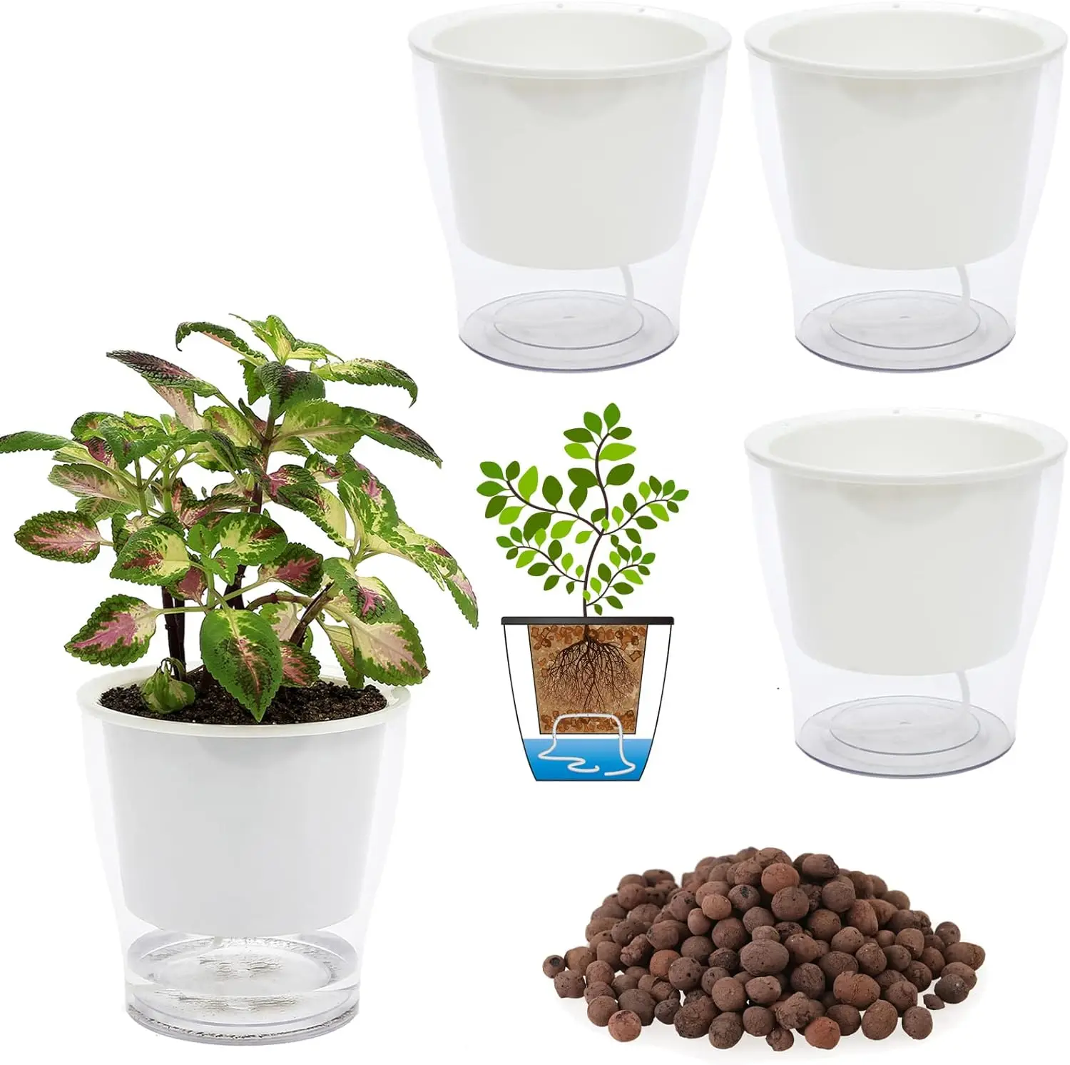 

3 Packs 7" Large Clear Self-watering Planters African Violet Pots Plastic Plant Pots Wicking Flower Pots for Indoor Plan