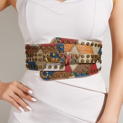 Ceinture en cuir PU sculpté rétro pour femme, ceinture large vintage, ceinture décontractée gothique, ceinture de robe assortie, structure en métal, mode