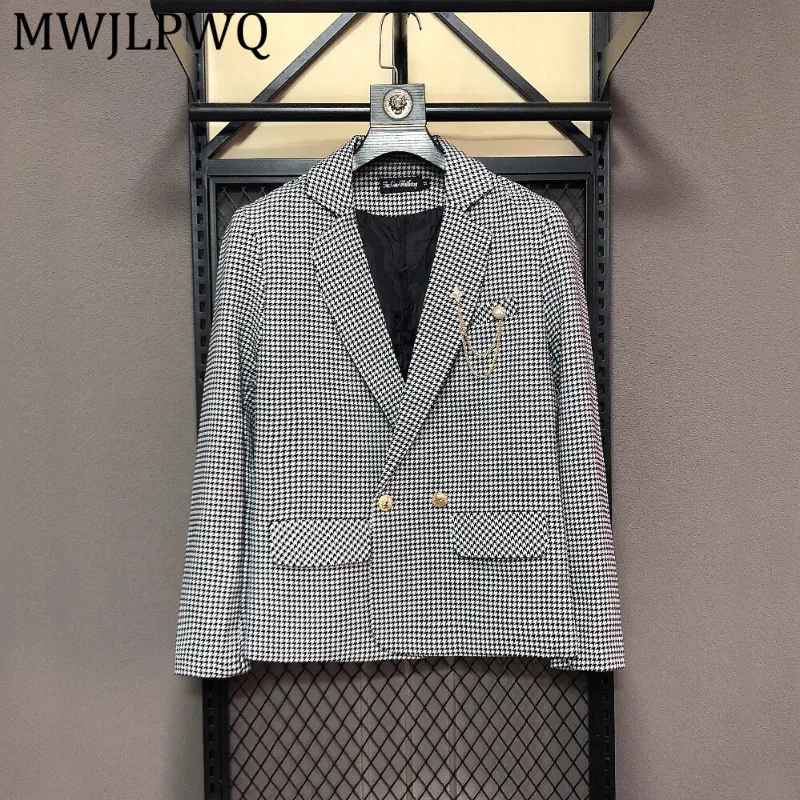 

MWJLPWQ Unisex Printed Houndstooth Casual Blazer Gold Buttons Chain Brooch Double Breasted Autumn Short Tweed Style Jacket 15619
