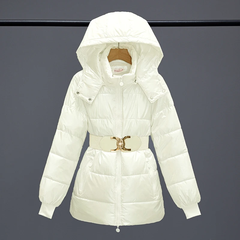 Fashion Belt Coats Autumn Jacket Waterproof Women Parka New 2024 Hooded Female Coat Office Lady Down Jacket Winter Coat Women