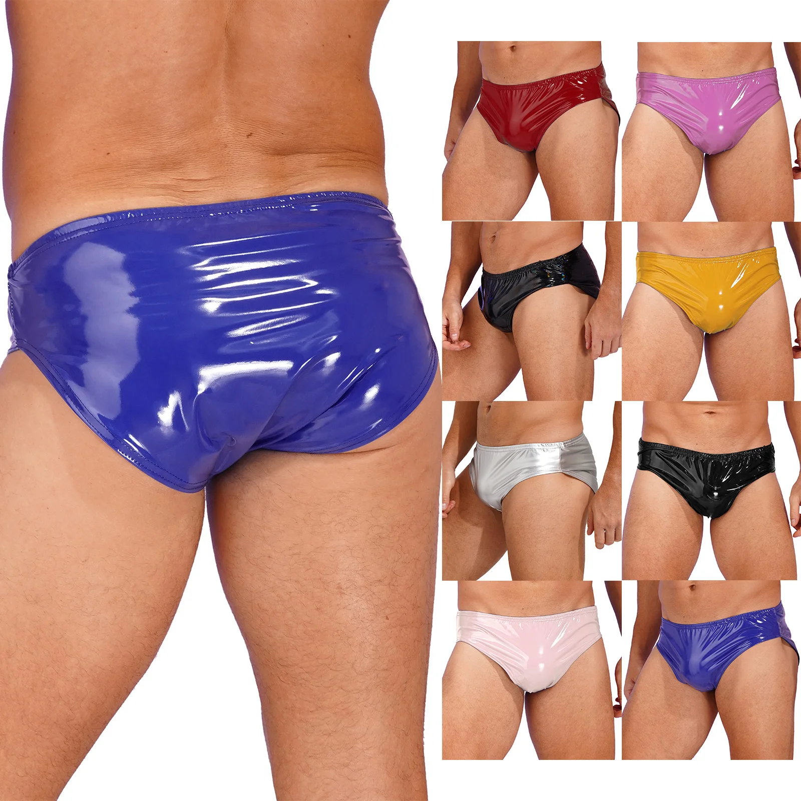 Mens Latex Panties Wet Look Patent Leather Briefs Underwear Club Dancing Performance Elastic Waistband Underpants