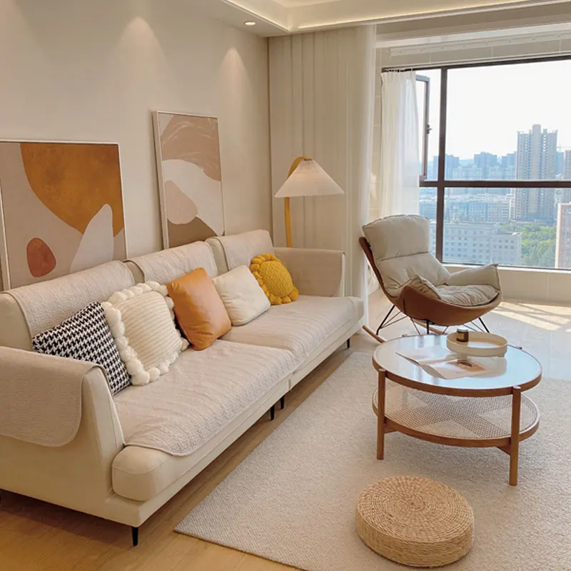 

Современная абстрактная декоративная картина в теплых тонах с цветовыми блоками, в японском стиле Ваби-Саби, для фоновой стены за диваном в гостиной