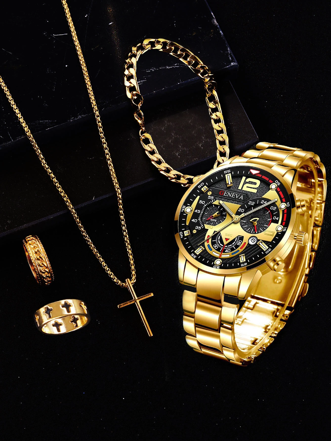 Fashion Men's Quartz Watch And Bracelet Necklace Ring Set with Calendar Function Suitable for Daily Matching Box Not Included