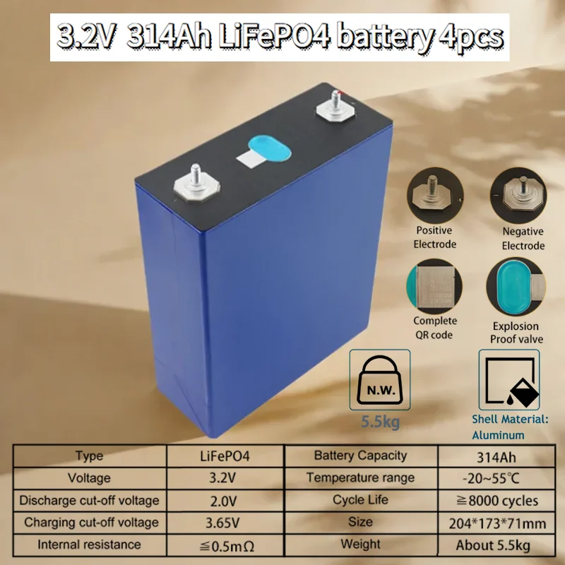 4 pieces EVE 3.2V 314AH Grade A rechargeable lithium iron phosphate batteries with free solar bus DIY12V 48V li-ion battery pack