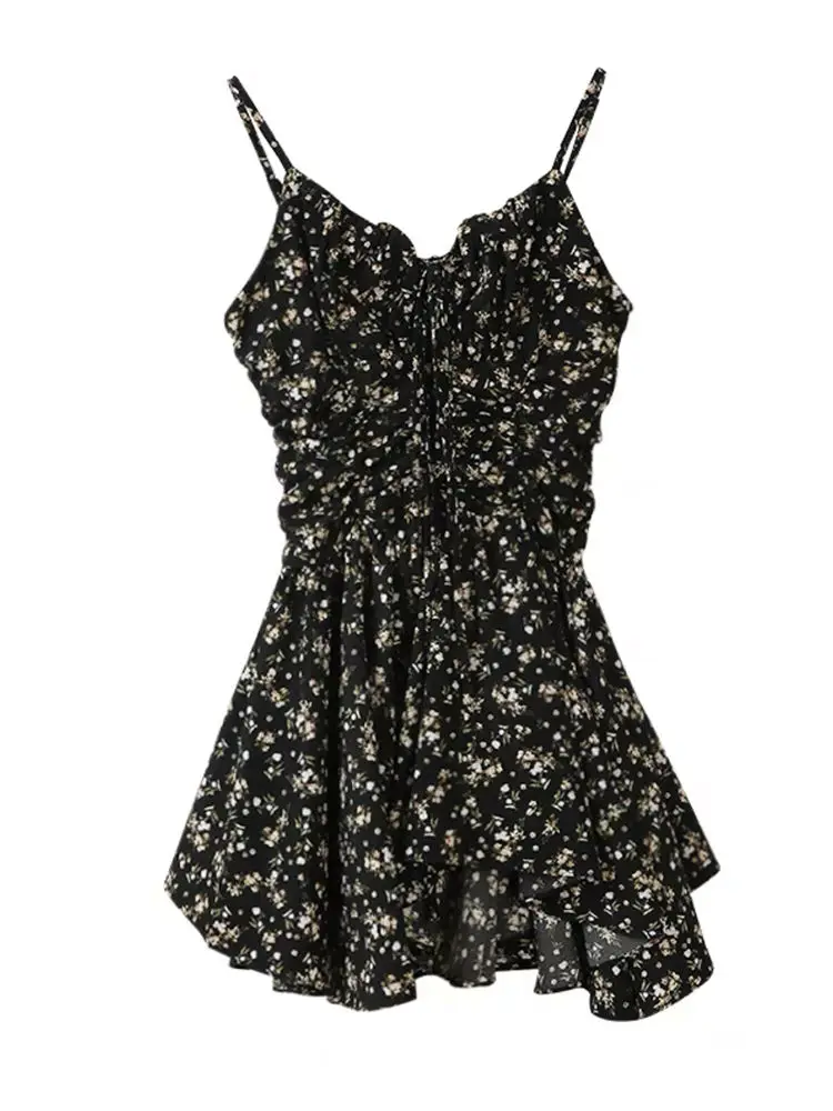 French Irregular Black Floral Suspender Women Summer Waist-hugging Sexy Dress
