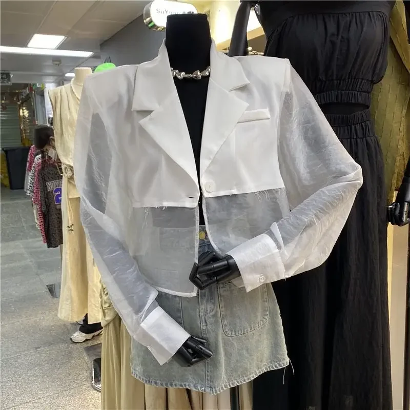 Summer Long Sleeve Blazer Women Streetwear Open Back Patchwork Thin Korean Fashion Jacket Sun Protection Black Suit Dresses