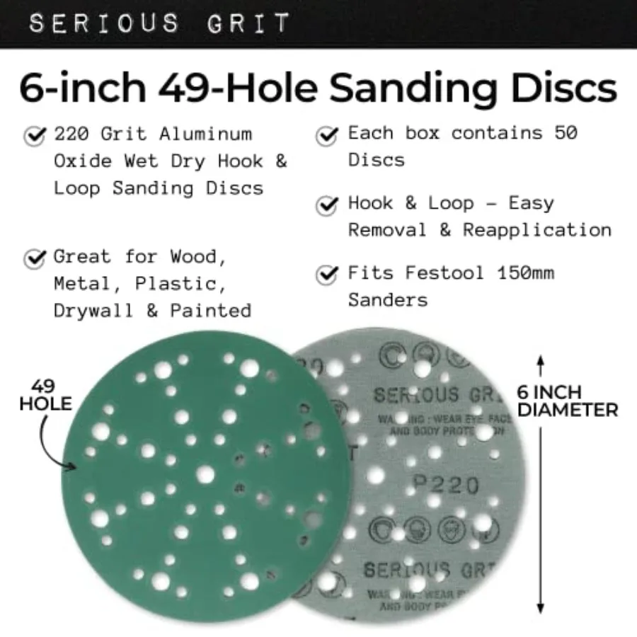 6-Inch 49-Hole Sanding Discs - Heavy-Duty Hook and Loop Film Discs - Sandpaper for Random Orbital Sanders - 50 Pack Box