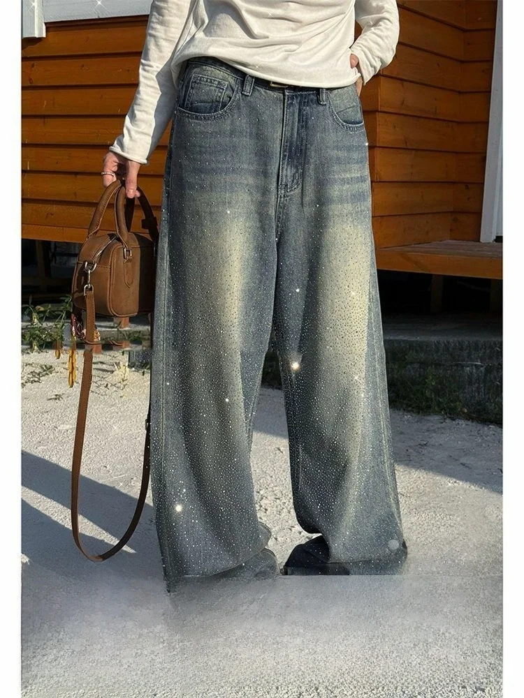

Retro plus Size Glittering Diamond Loose Jeans Women's Spring New Wide Leg Pants Faded Low Waist Zipper Closure Pure Color