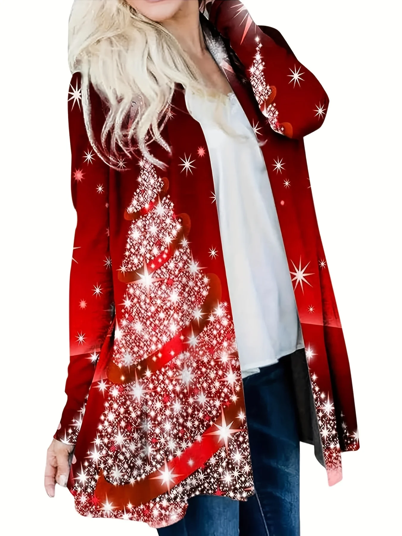 Women's Plus Size 1XL-5XL Cardigan Christmas Casual Print Long Sleeved Cardigan Ladies Fashion Paired with Christmas Tree