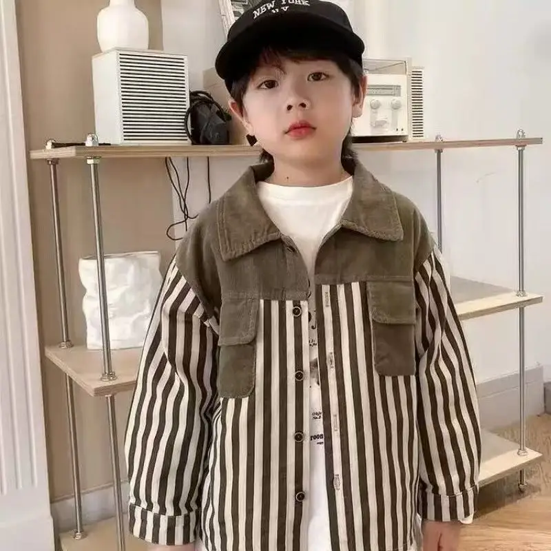 

Boys' Long Sleeved Shirt Children's Spring and Autumn New Corduroy Striped Shirt Handsome Top for Boys' Babies