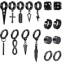 WKOUD 1-17 Pcs Clip On Hoop Earrings For Men Women Stainless Steel Fake Non Piercing Magnetic Dangle Earring Black Huggie Hoop