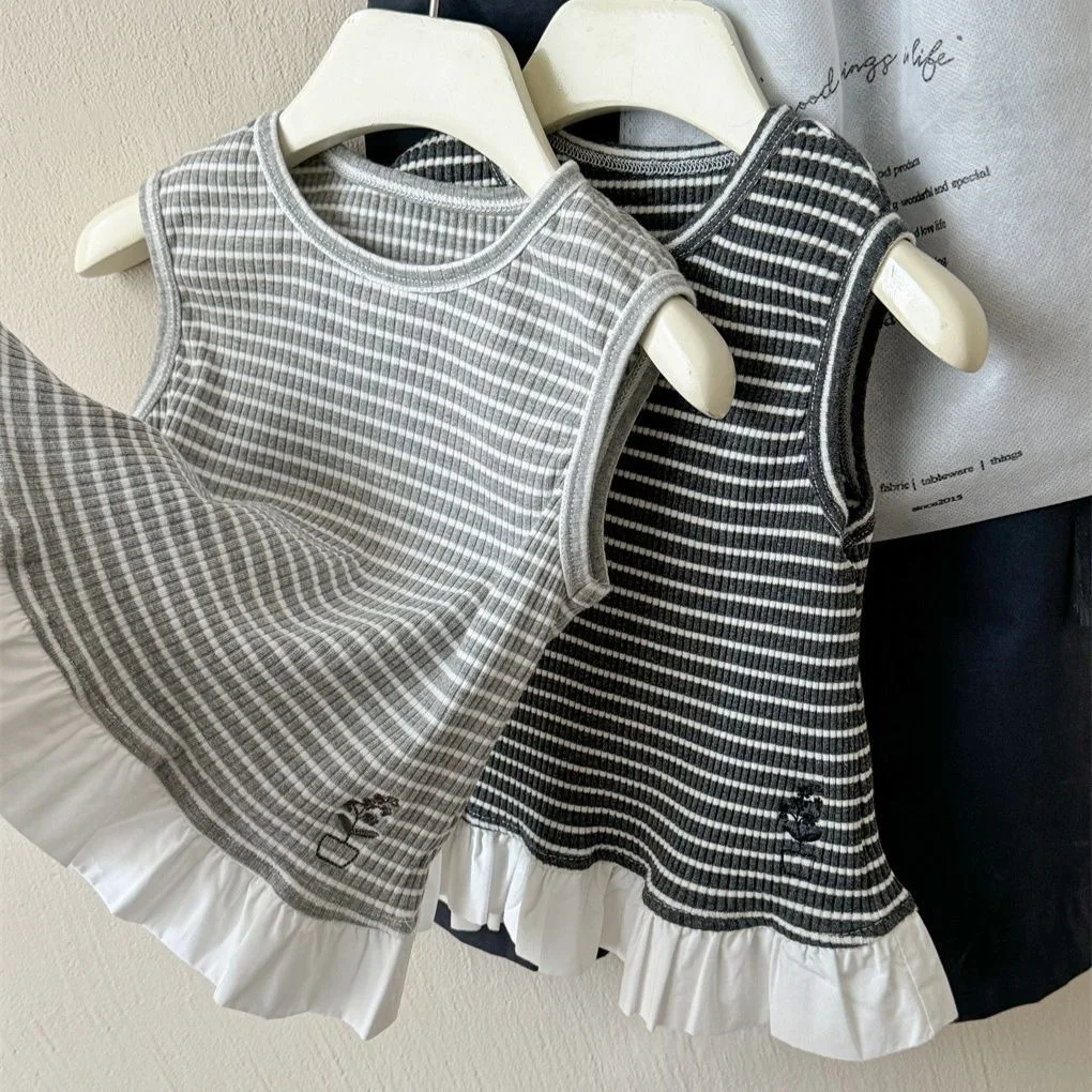 

Новое модное летнее платье-футболка без рукавов для девочек: кружевное, в полоску, универсальное, удобное и милое