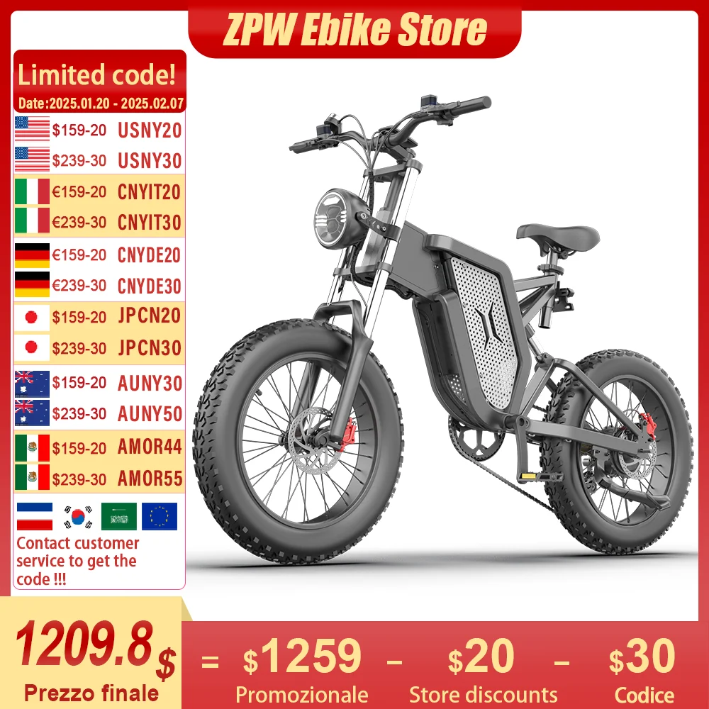 ZPW X20 EBike Adults 20 Inch 2000W 35AH Electric Bike Mountain Snow ebike Motorcycles Off-Road Fat Tire Electric Bicycle