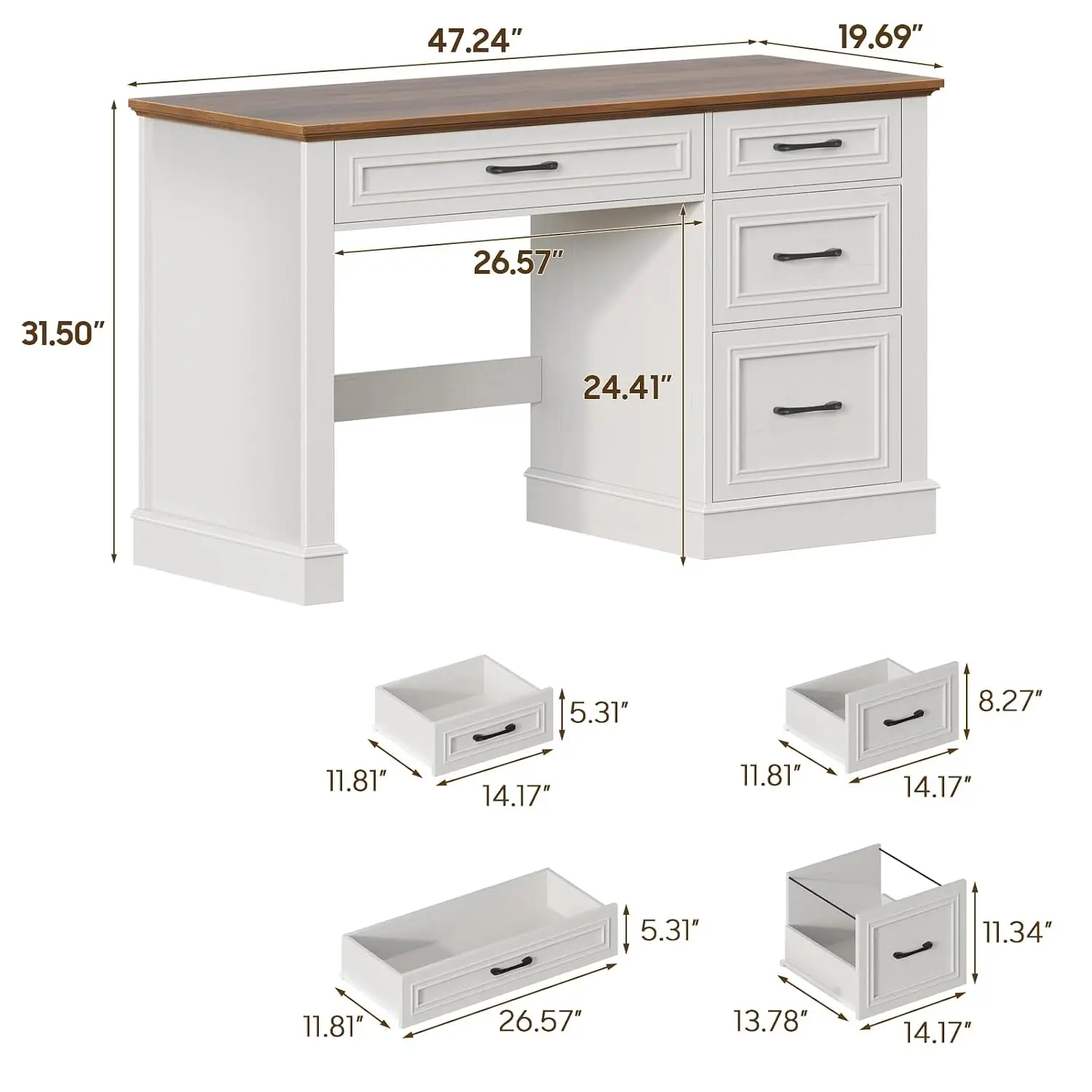 White Executive Desk with 4 Drawers & File Storage, Computer Workstation for Home Office Study, 47