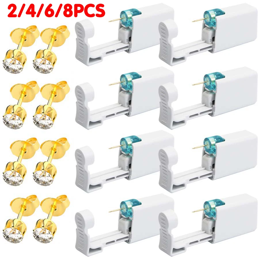 Kit de Perfuração de Orelha Doméstico com Pistola Descartável para Perfuração de Orelha (1/2/4/6/8 Peças) e Brincos de Zircônia Cúbica de 5mm