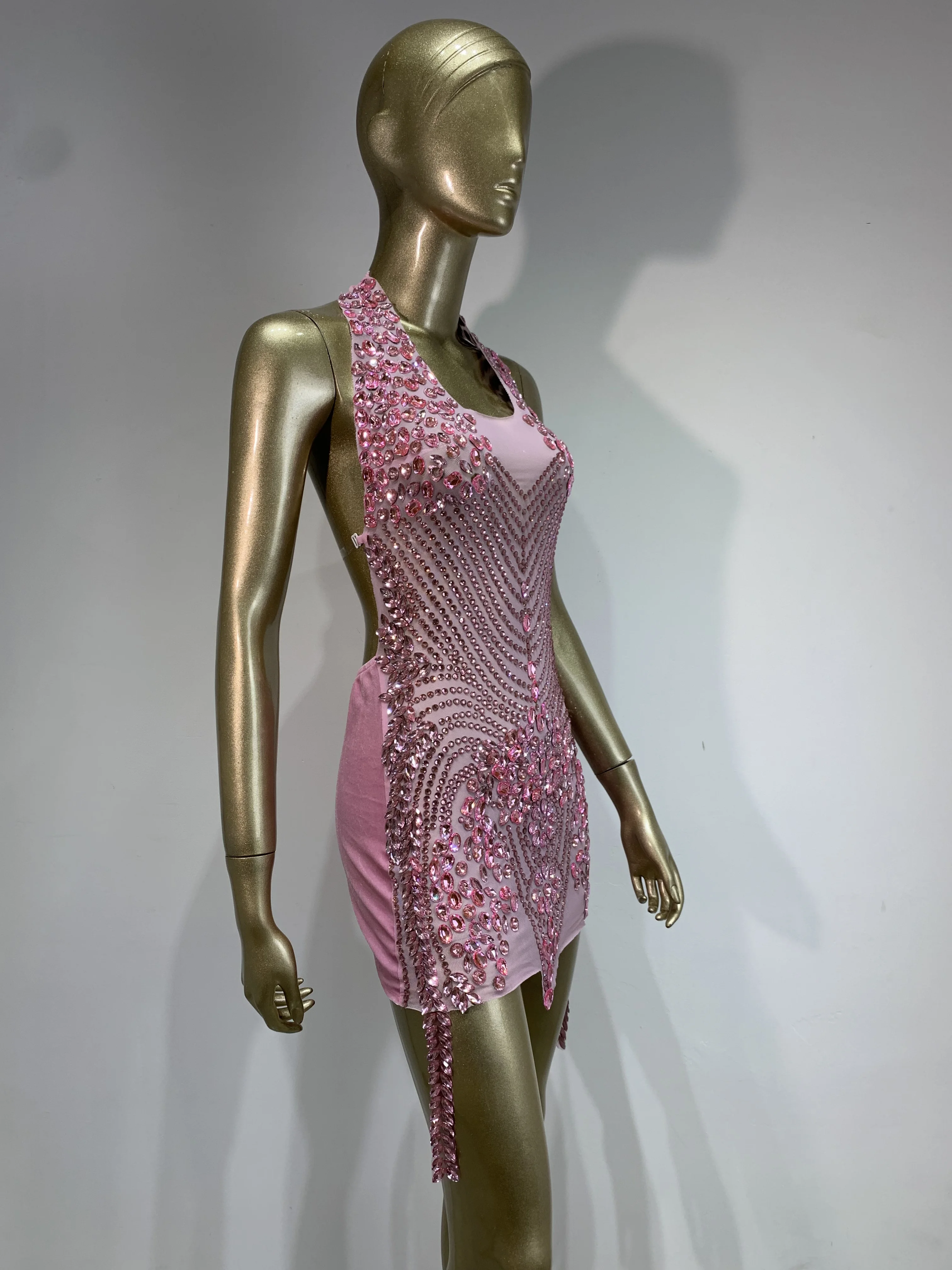 Women Sexy Backless Pink Rhinestone Mini Dress Evening Party Prom Celebrate Birthday Dresses Club Stage Performance Costume