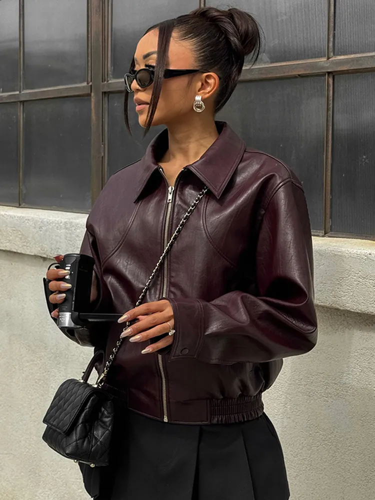 

Elegant Women Solid Pu Leather Short Jacket Chic Lapel Long Sleeves Zipper Crop Coats Autumn Fashion Lady Commuting Street Tops