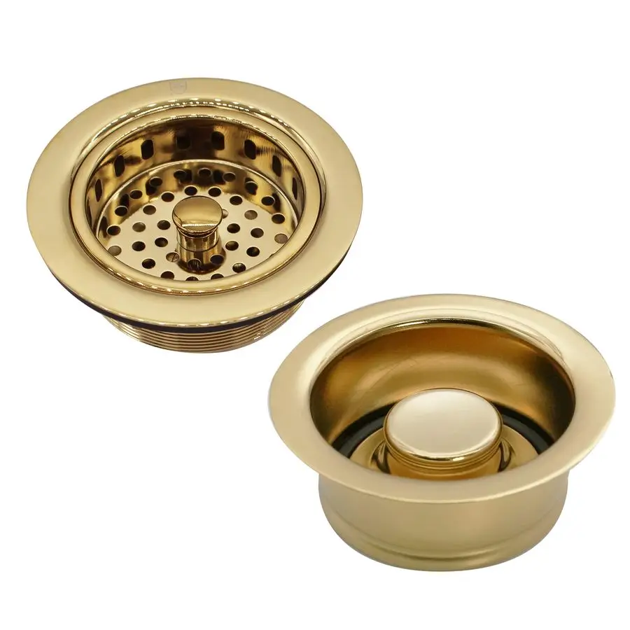

A216501 41 4 OD Post Style Large Kitchen Basket Strainer with Waste Disposal Flange and Stopper Drain Set, Polished Brass