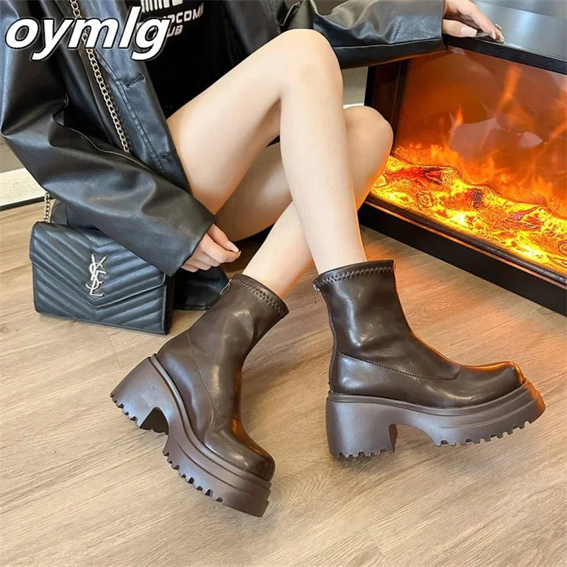 Round toe back zipper thick sole slimming short boots for women\'s winter new high thick heel short tube sponge elastic boots