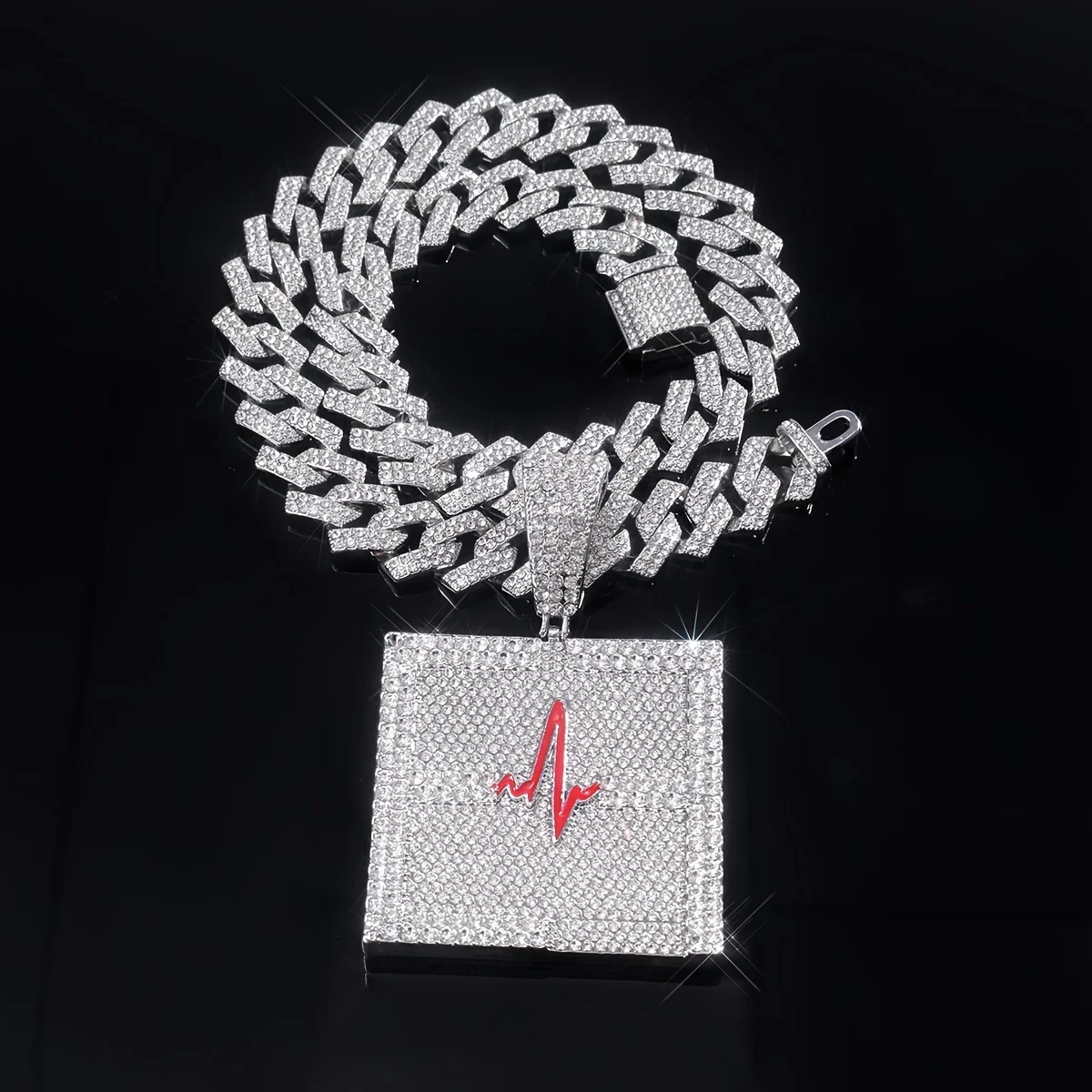 Electrocardiogram Lifeline Geometric Pendant Necklace With Box Buckle Cuban Chain, Hip Hop Jewelry For Men And Women