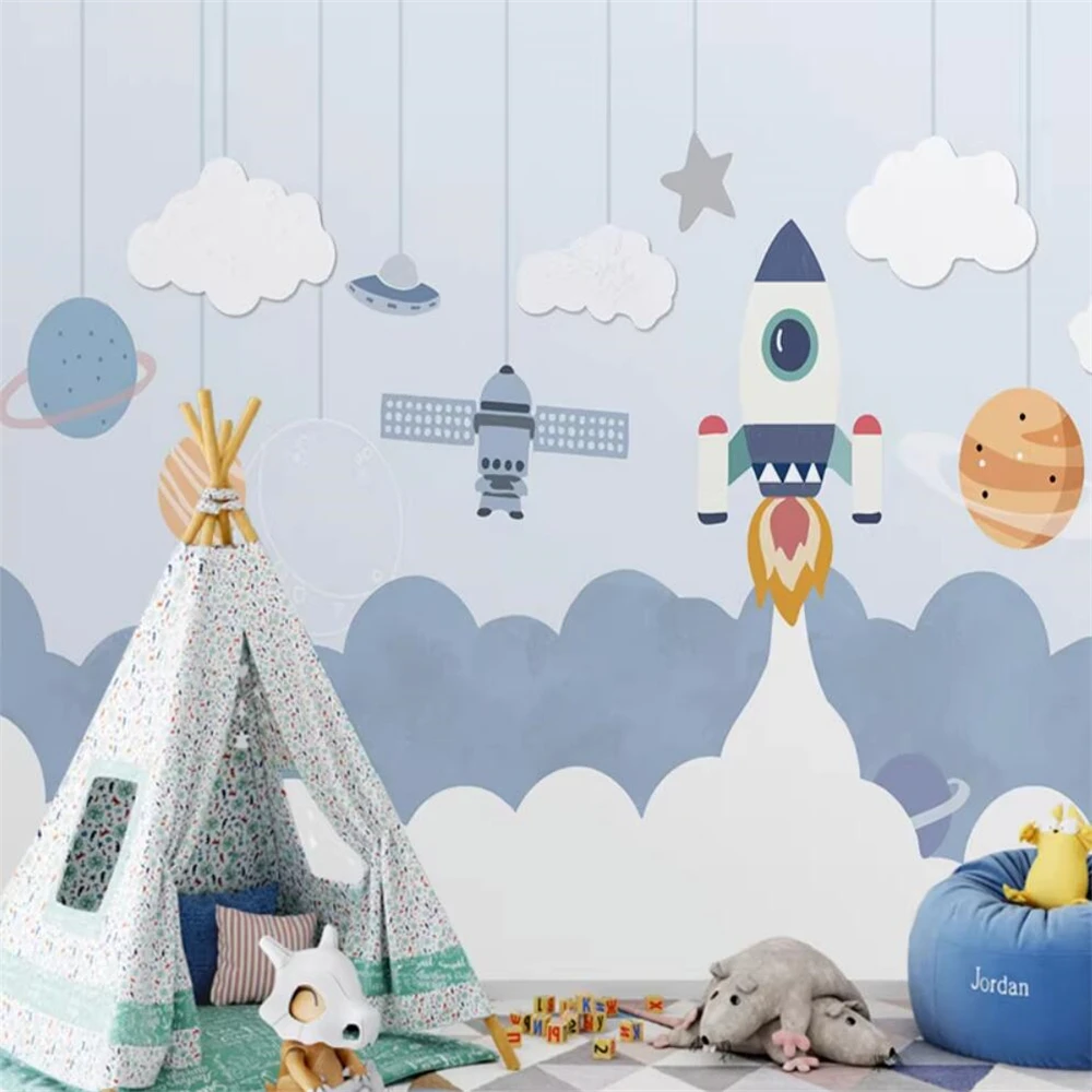 custom Cartoon space wallpaper children\'s room boy\'s bedroom mural background kindergarten aircraft wallpaper 3D home decoration
