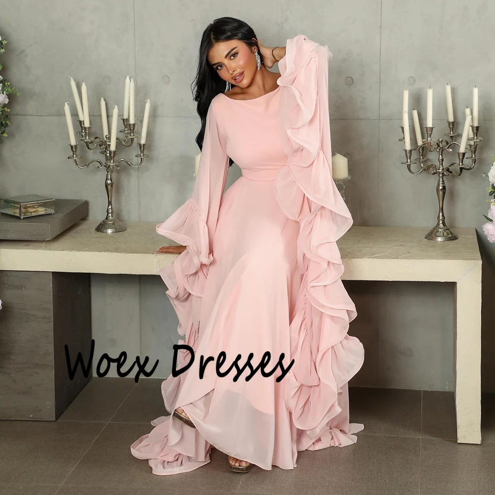 Abito da sera da donna in jersey a trapezio con scollo a barca personalizzato, maniche lunghe, abito da festa senza schienale increspato, abito da ballo alla caviglia