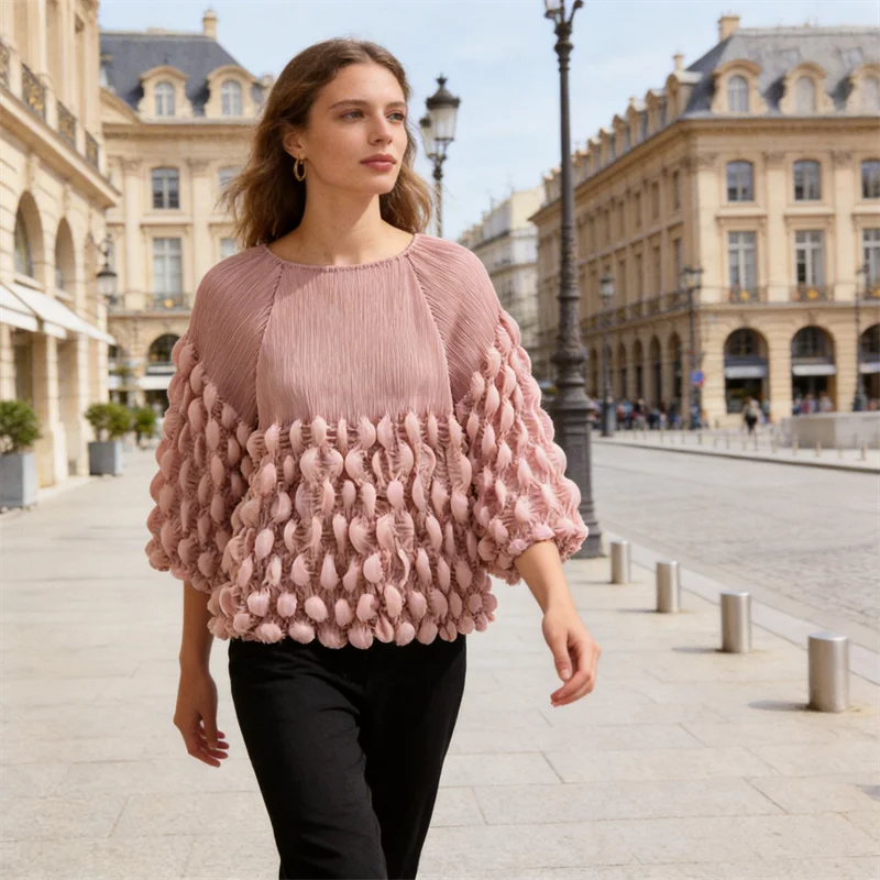 

Miyake Solid Color Bubble Pleated Tops Women's Commuter Versatile Thin New Flared Sleeve T-shirt High Elastic Korean Clothing