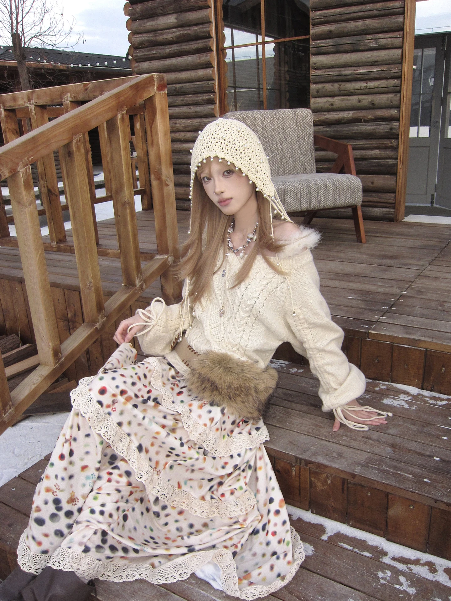 

Thiened Knitted Sweater Street Sle Twist Flower Cotton Blend Winter Long Sve One-oulder Lazy Feel Fur Collar Sweater
