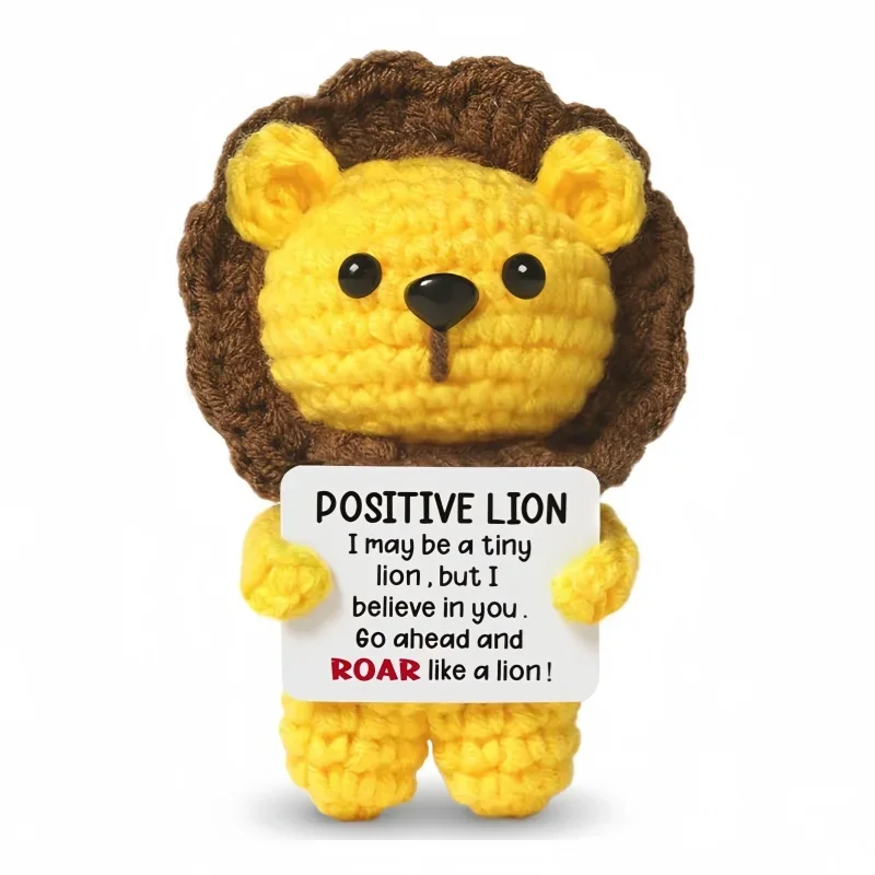 Mini Positive Lion Handmade Crochet Dolls with Card Emotional Support Desktop Ornament Home Room Decoration Birthday Party Gifts