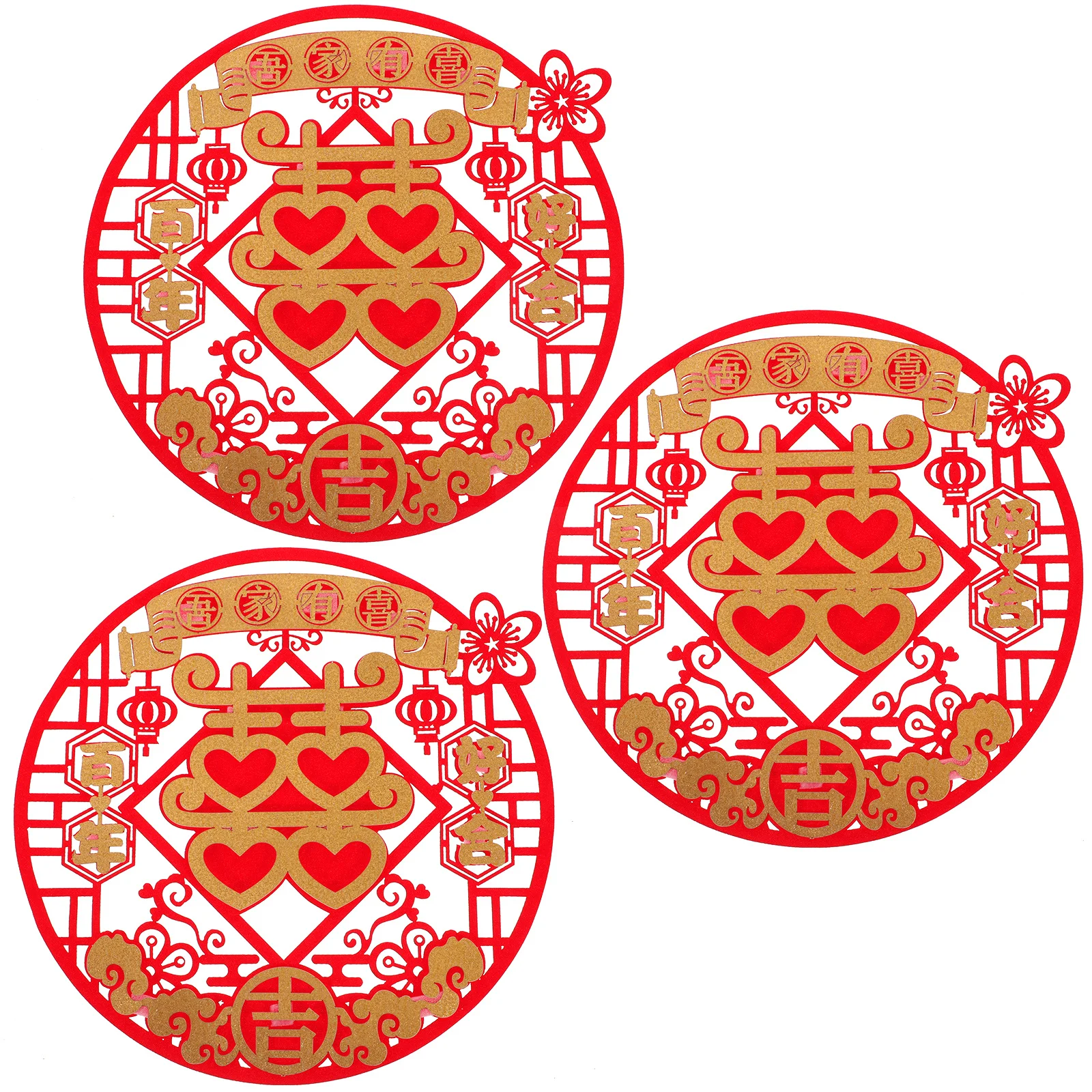 3Pcs Chinese Wedding Window Decals Red Traditional Flocked Cloth Romantic Decor for Marriage Room Living Room Wedding Supplies